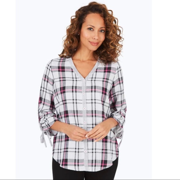 FOXCROFT Marlin Double Face Plaid White Grey Pink Button Down Shirt - Picture 2 of 4